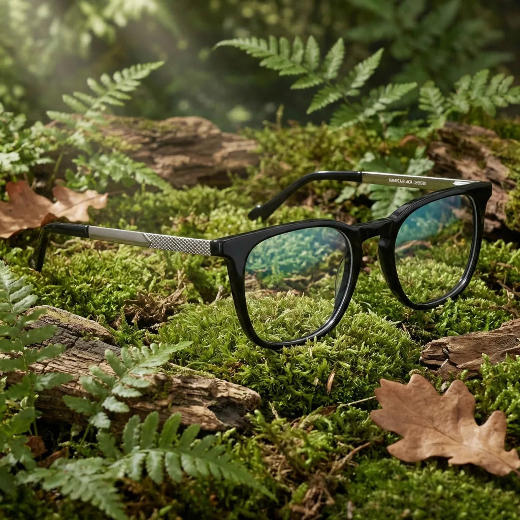 Lentes ópticos Waimea Steel Optic Negro en bosque verde natural diseño sustentable Bonoboss #editorial_sustentabilidad #color_negro