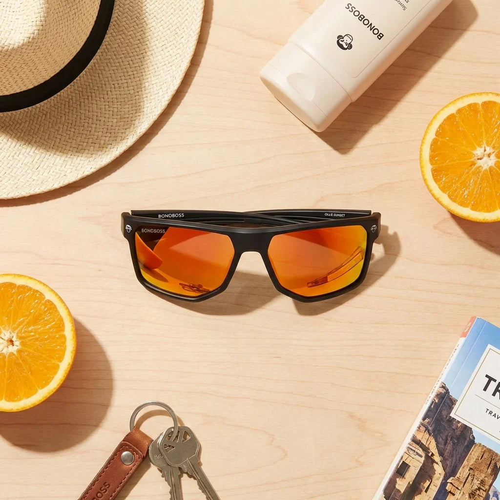 Lentes sol Ollie polarizados UV400 Espejado Naranjo detalle flat lay composición Bonoboss #editorial_detail2 #color_espejado-naranjo