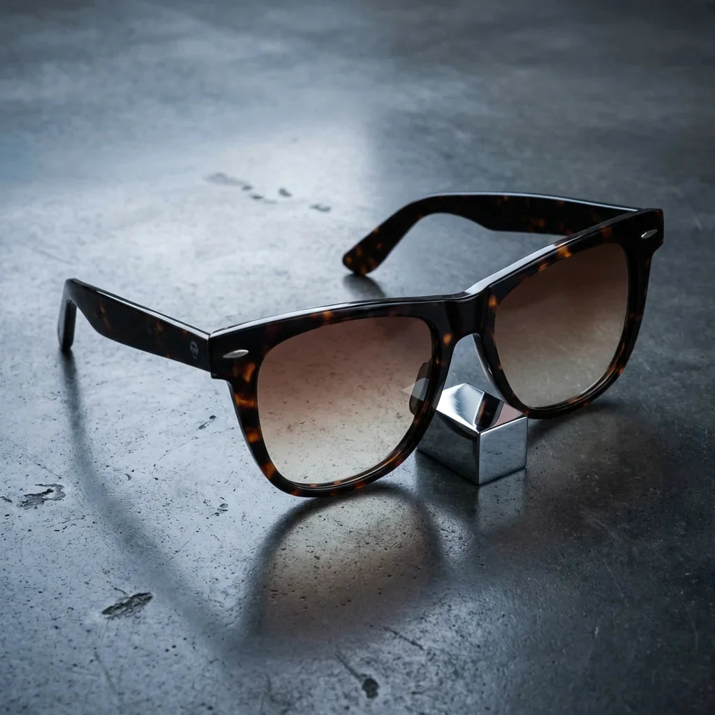 Vista frontal del modelo Valencia lentes de sol mujer carey tortoise patas de madera #color_carey