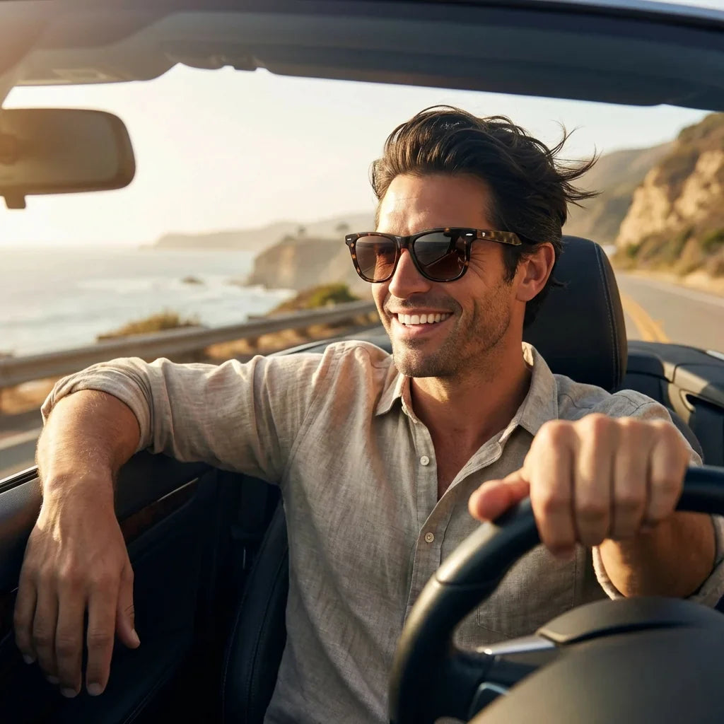 Hombre usando Valencia lentes de sol madera carey tortoise estilo lifestyle #color_carey