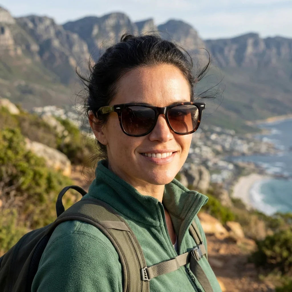 Mujer usando Valencia anteojos de sol carey tortoise estilo lifestyle #color_carey