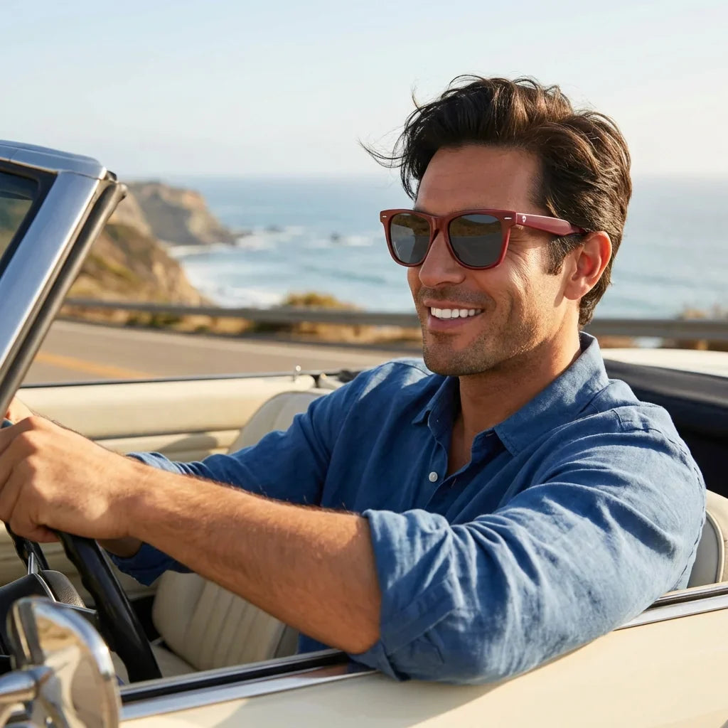 Hombre usando Valencia lentes de sol rojo estilo lifestyle #color_rojo