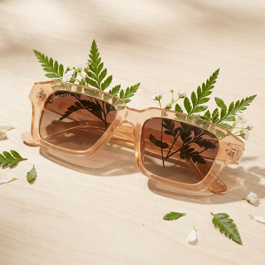 Lentes sol Verona polarizados RPET reciclado del oceano champagne entre hojas botanicas detalle lente verde Bonoboss #editorial_grid2 #color_champagne
