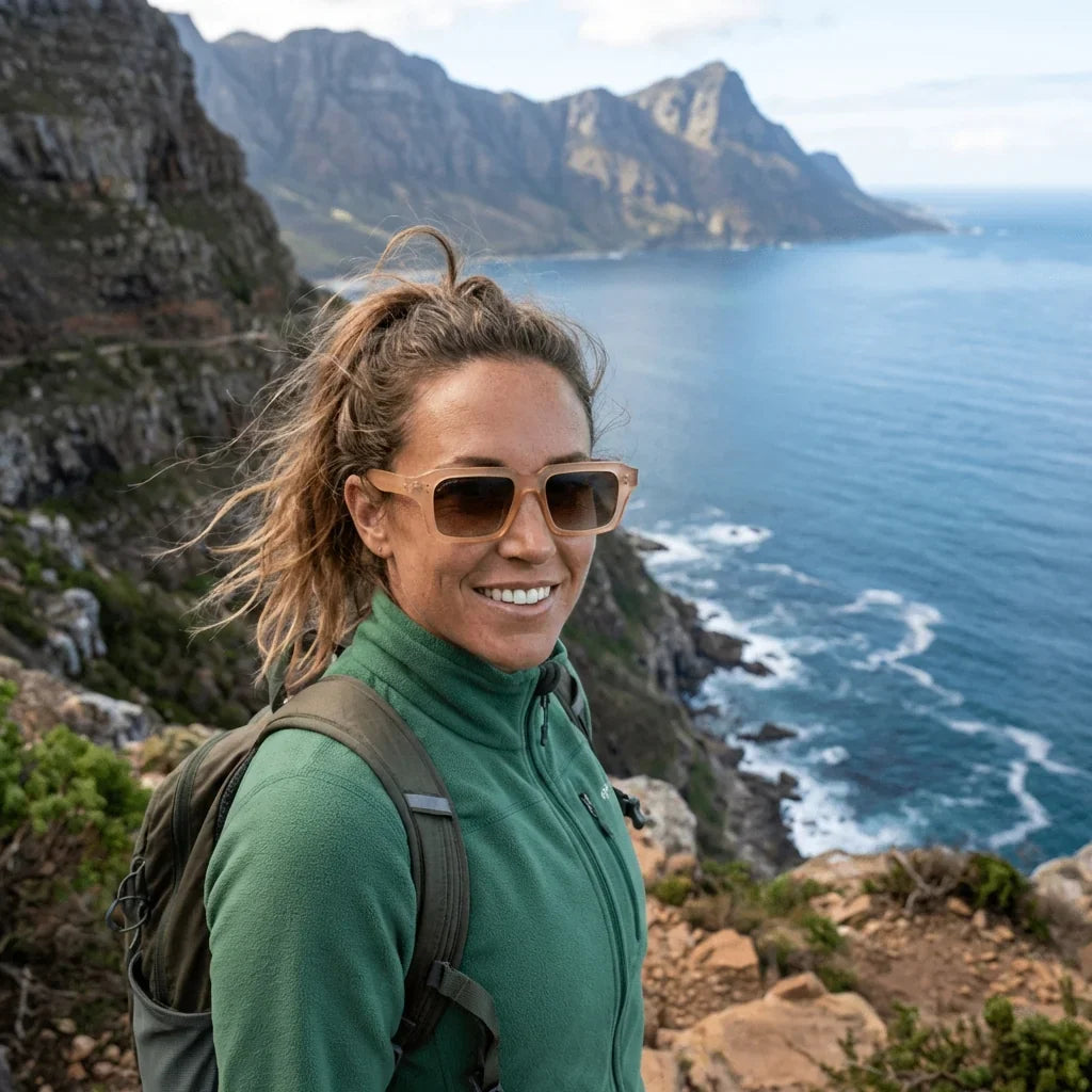 Mujer usando lentes sol Verona RPET reciclado del oceano polarizados champagne aventura outdoor naturaleza Bonoboss #editorial_sustentabilidad #color_champagne