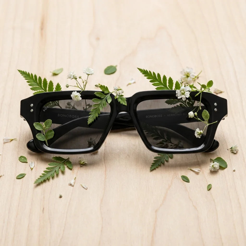 Lentes sol Verona polarizados RPET reciclado del oceano dark entre vegetacion botanica lente detalle optico Bonoboss #editorial_grid2 #color_dark