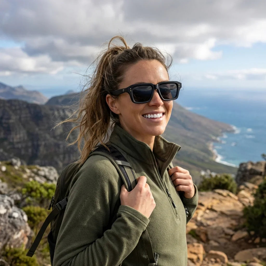 Mujer usando lentes sol Verona RPET reciclado del oceano polarizados dark sendero aventura eco-consciente Bonoboss #editorial_sustentabilidad #color_dark