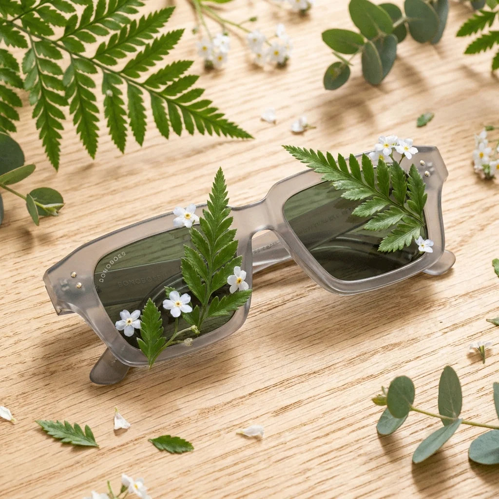 Lentes sol Verona polarizados RPET reciclado del oceano lente G15 verde entre hojas botanicas tropical Bonoboss #editorial_grid2 #color_g15