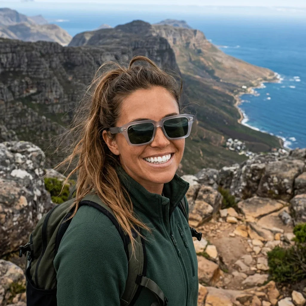 Mujer usando lentes sol Verona RPET reciclado del oceano polarizados lente G15 verde aventura naturaleza Bonoboss #editorial_sustentabilidad #color_g15