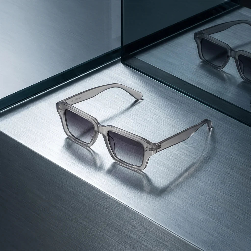 Lentes sol Verona polarizados UV400 RPET reciclado del oceano gray sobre metal cepillado textura industrial Bonoboss #editorial_grid1 #color_gray