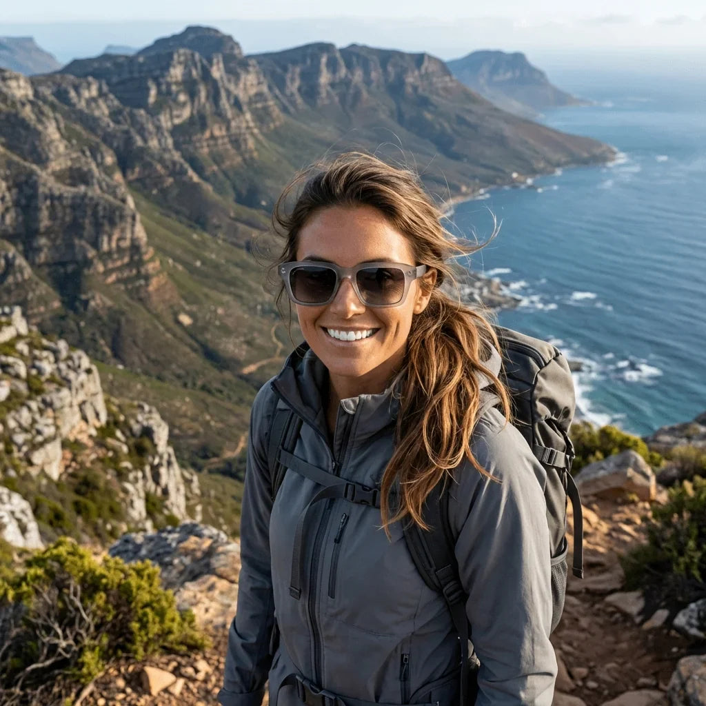 Mujer usando lentes sol Verona RPET reciclado del oceano polarizados gray aventura outdoor proteccion UV Bonoboss #editorial_sustentabilidad #color_gray