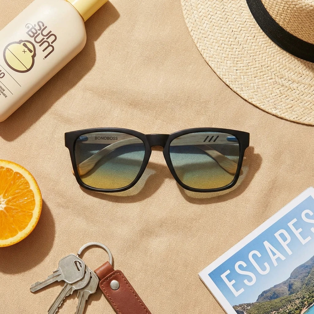 Lentes sol Waimea polarizados UV400 Espejado Gris detalle flat lay composición Bonoboss #editorial_detail2 #color_espejado-gris
