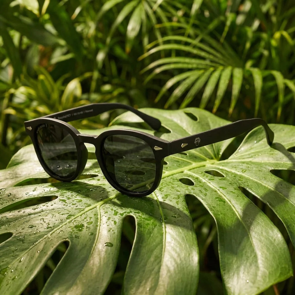 Vista frontal del modelo Waimea RPET lentes de sol color negro protección UV400 #color_negro