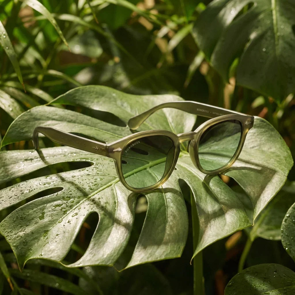 Vista frontal del modelo Waimea RPET anteojos de sol tono olive light patas de madera #color_olive-light