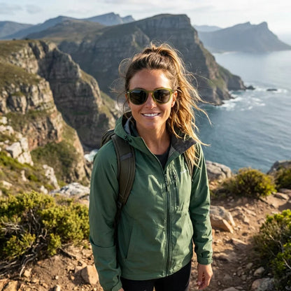 Mujer aventurera usando lentes sol Waimea RPET polarizados olive en naturaleza outdoor sustentable Bonoboss #editorial_sustentabilidad #color_olive
