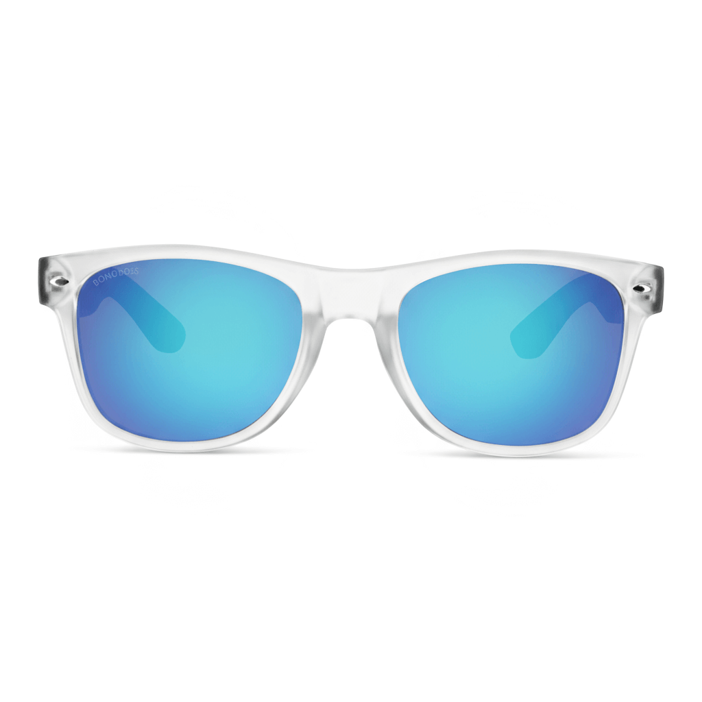 anteojos de sol polarizados de plastico reciclado regalo corporativo de color transparente y cristales espejados vista frontal con lentes de color azul #color-marco_transparente