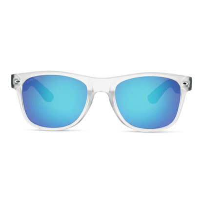 anteojos de sol polarizados de plastico reciclado regalo corporativo de color transparente y cristales espejados vista frontal con lentes de color azul #color-marco_transparente