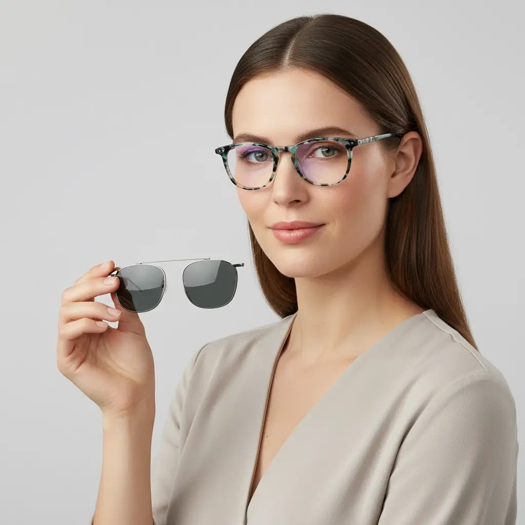 una mujer de cara ovalada usando armazones opticos de color verde con un clip de sol polarizado metalico #color_camo