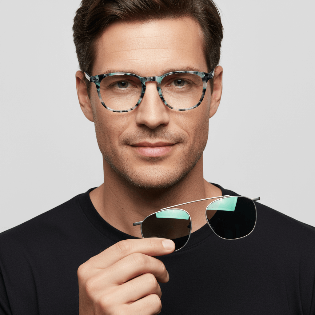 un hombre de cara ovalada usando armazones opticos de color verde con un clip de sol polarizado metalico #color_camo