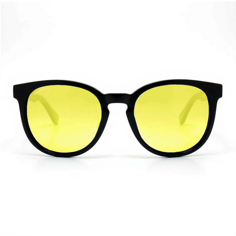 anteojos redondos de plástico reciclado y varillas de madera natural sustentable con lentes de color amarillo polarizadas y forma redonda.  #color_amarillo