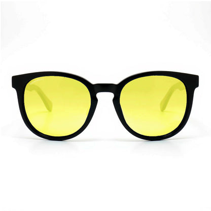 anteojos redondos de plástico reciclado y varillas de madera natural sustentable con lentes de color amarillo polarizadas y forma redonda.  #color_amarillo