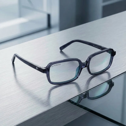 Lentes opticos Navarino Azul sobre metal cepillado industrial antirreflex receta optica bio-acetato Bonoboss #editorial_metal-brushed #color_azul