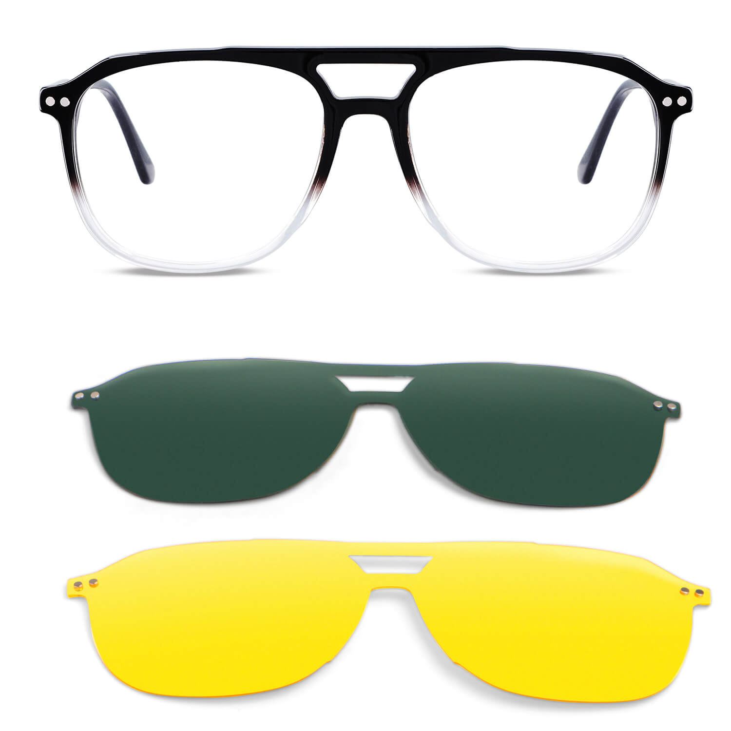 armazones opticos con clip de sol polarizado modelo aviador de Bonoboss. Lentes opticos con clip con receta de color degrade negro #color_gradiente