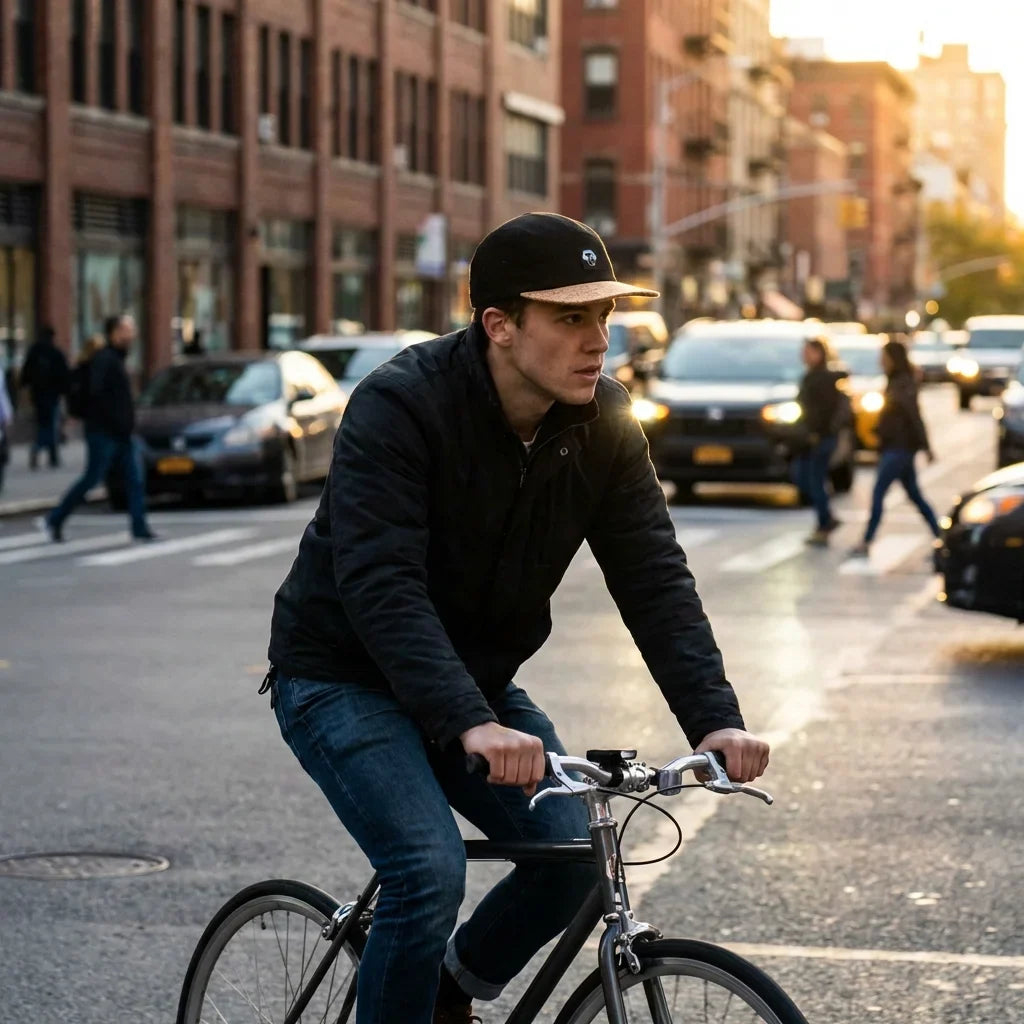 Gorro de corcho ecológico andando en bicicleta urbana Bonoboss