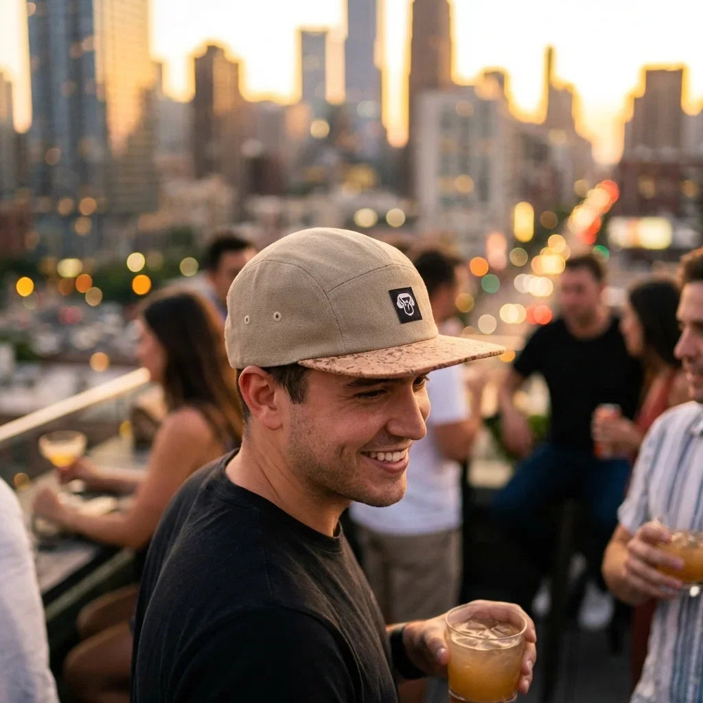 Gorro de corcho ecológico en rooftop bar social Bonoboss