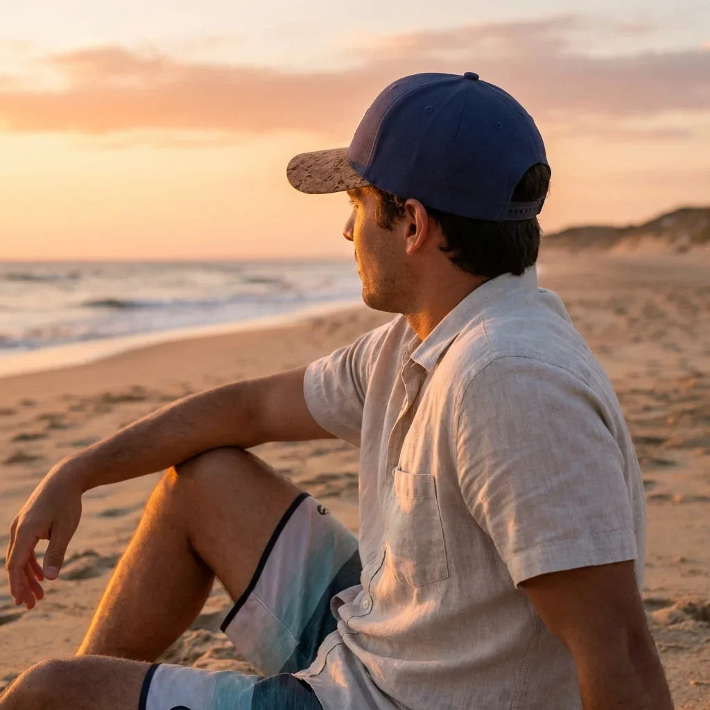 Gorro de corcho ecológico en playa al atardecer Bonoboss