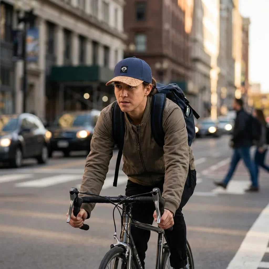 Gorro de corcho ecológico andando en bicicleta urbana Bonoboss
