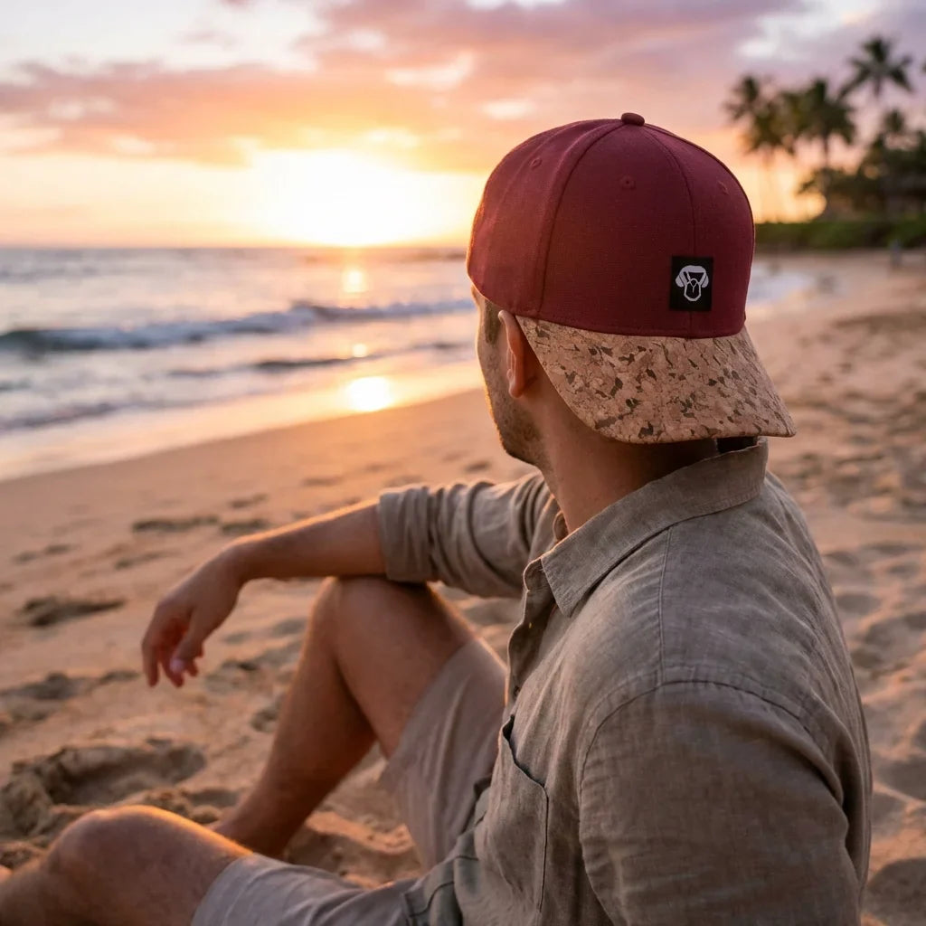 Gorro de corcho ecológico en playa al atardecer Bonoboss