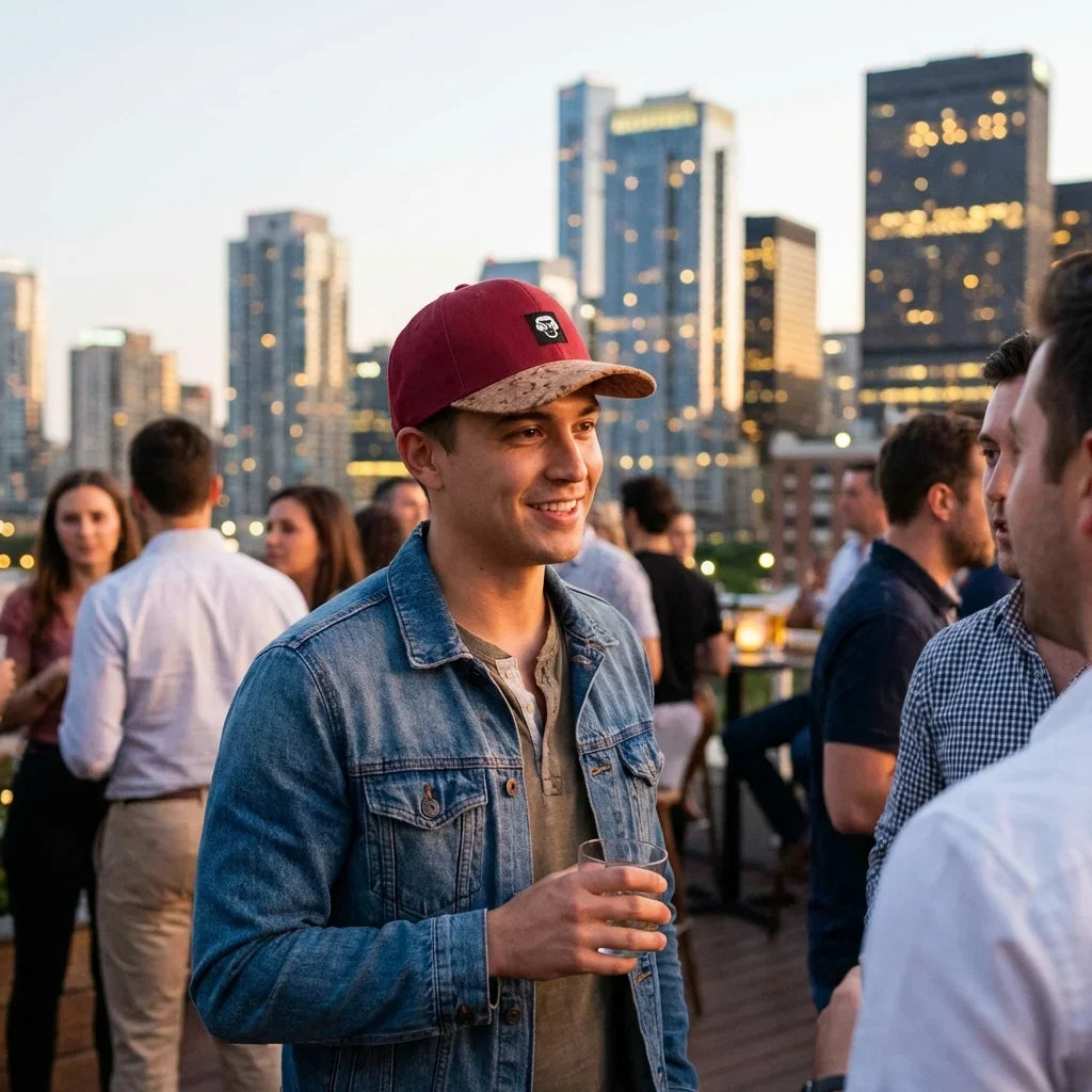 Gorro de corcho ecológico en rooftop bar social Bonoboss