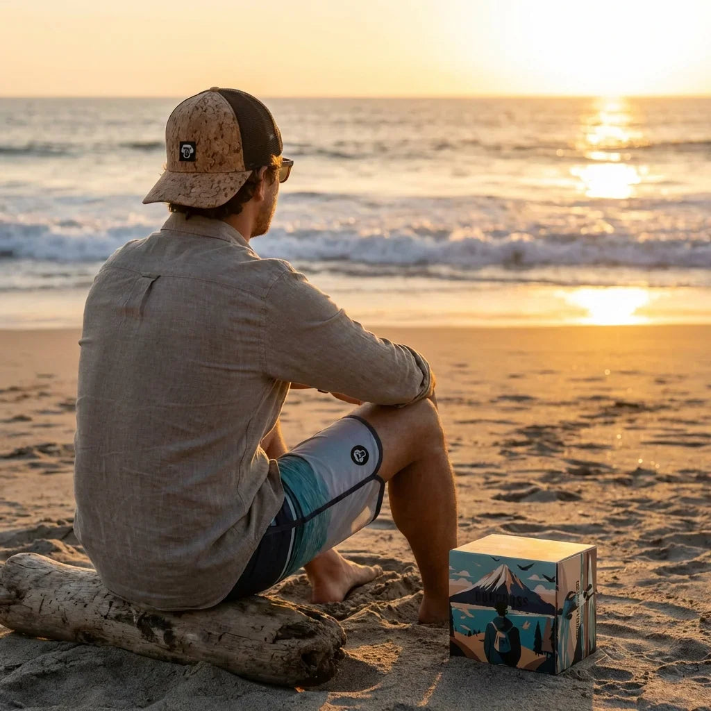 Gorro de corcho ecológico en playa al atardecer Bonoboss