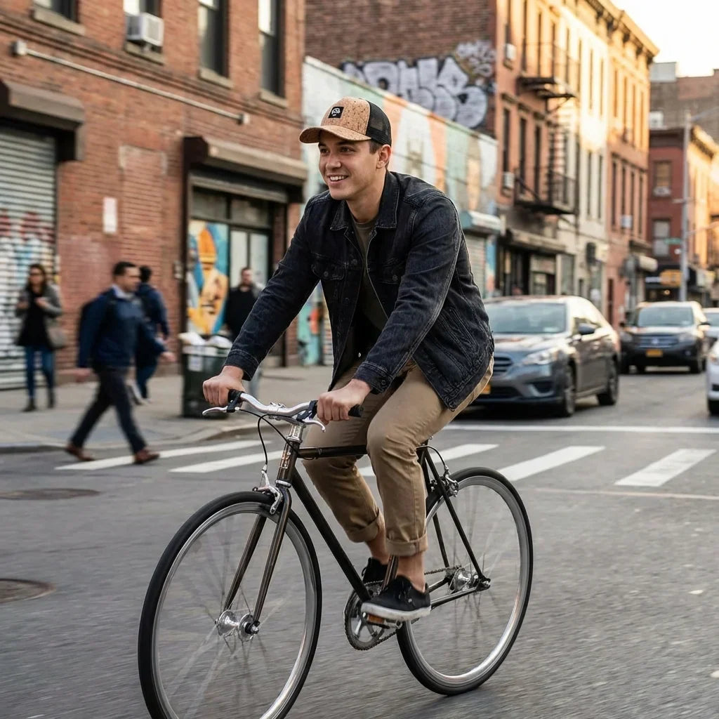 Gorro de corcho ecológico andando en bicicleta urbana Bonoboss