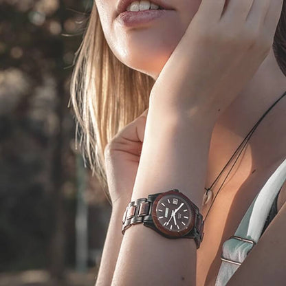 Sairi Acero Inoxidable y Madera reloj vista frontal estilo mujer