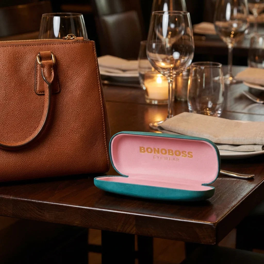 Estuche almeja para lentes en mesa de restaurante Bonoboss
