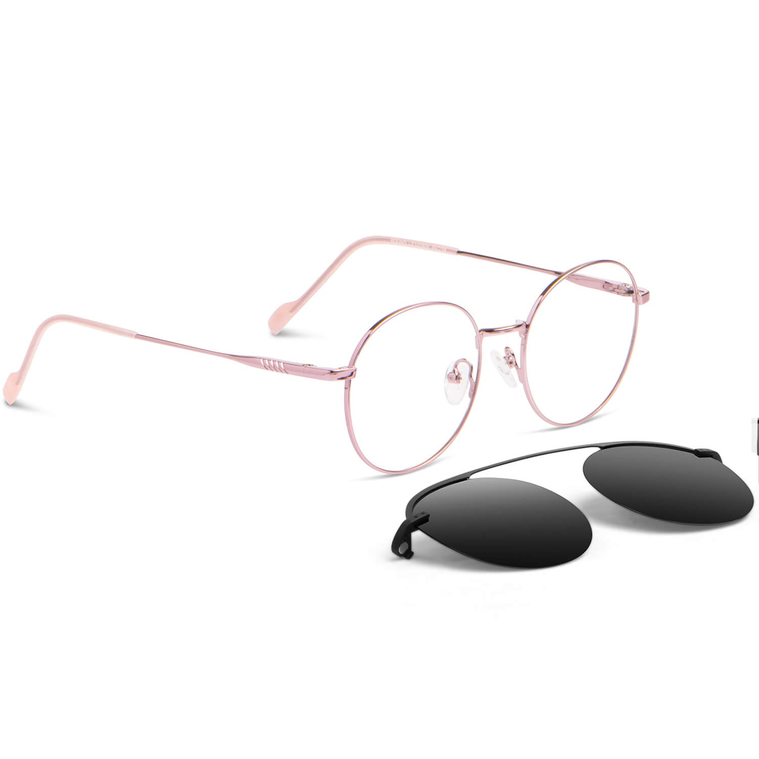 anteojos o marcos opticos redondos de color rosado con sobre lente clip sol iman polarizado para hombre y mujer de color barbie rosado vista angulada #color_rosado