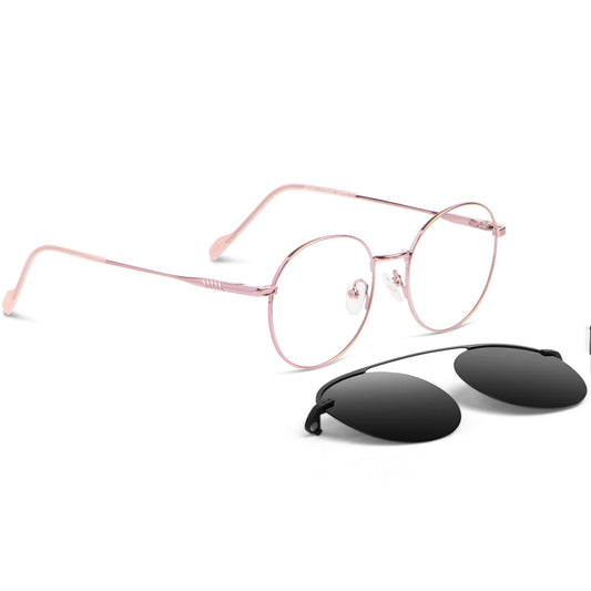 anteojos o marcos opticos redondos de color rosado con sobre lente clip sol iman polarizado para hombre y mujer de color barbie rosado vista angulada #color_rosado