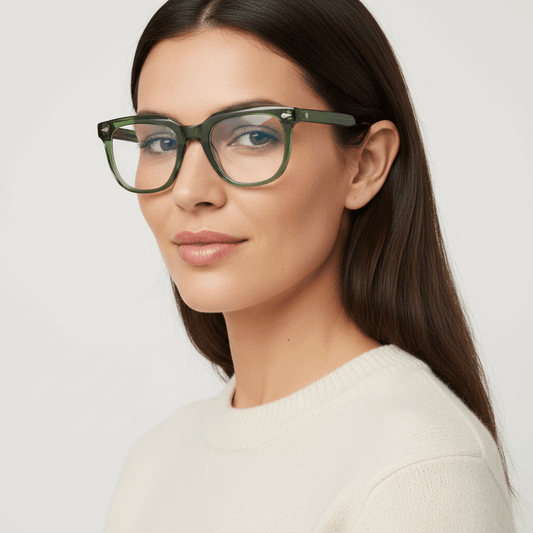 vista lateral de una mujer de cara ovalada y pelo liso de color castaño sonriendo usando anteojos marcos opticos biodegradable de la marca Bonoboss en acetato sustentable reciclado de forma rectangular cuadrada y de #color_verde