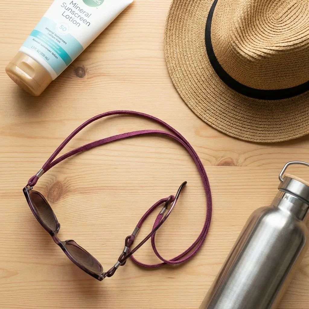 Strap Liso Plástico Reciclado cordón para lentes tono burdeo visto de frente hombre y mujer #color_burdeo