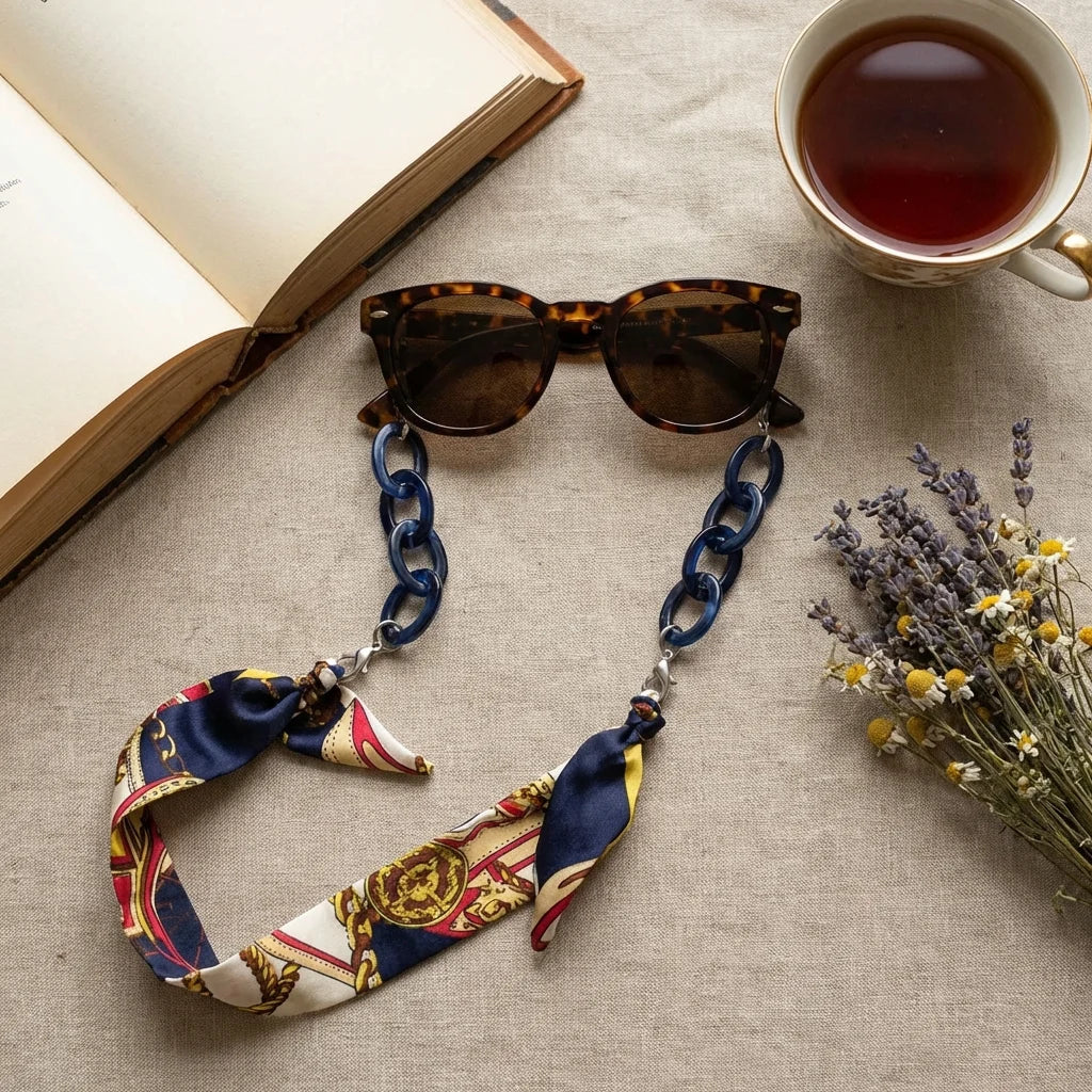 Strap pañuelo para lentes azul flat lay libros y té Bonoboss #color_azul
