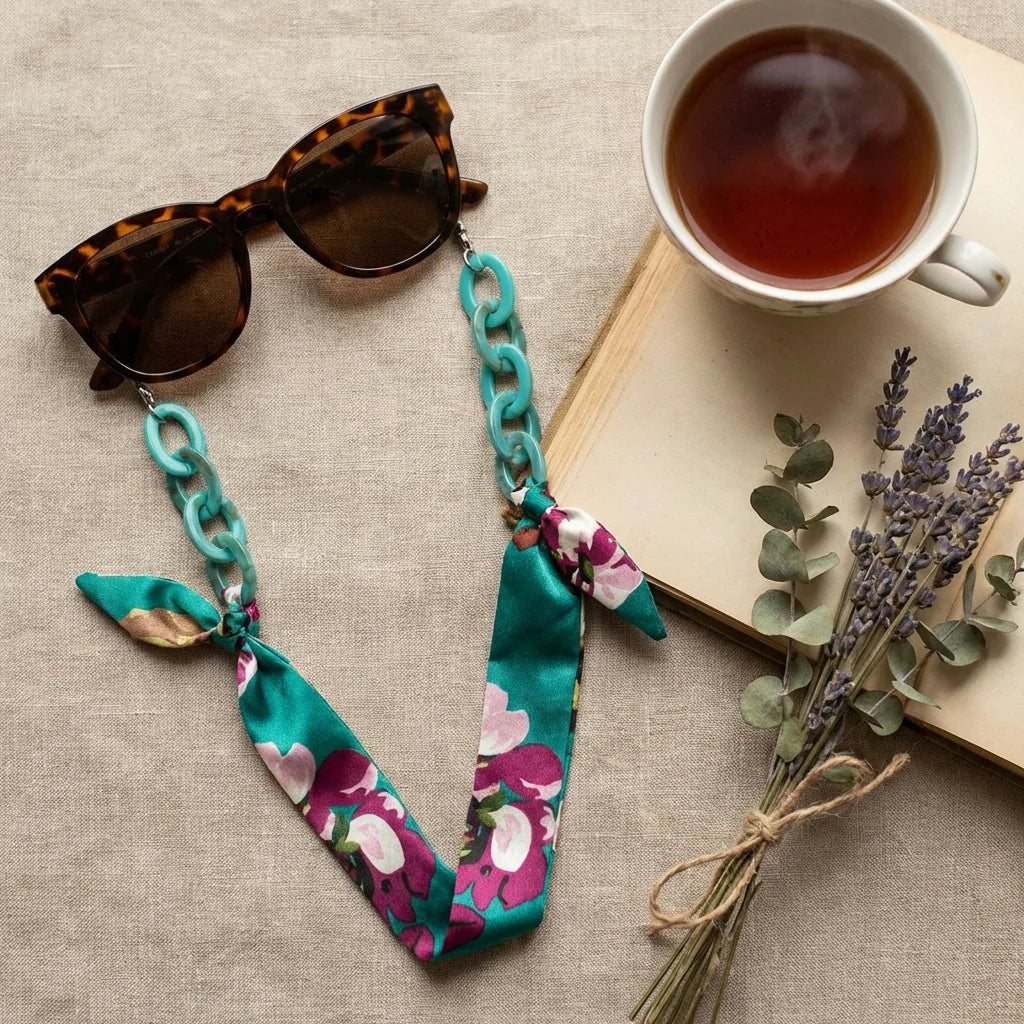 Strap pañuelo para lentes calipso flat lay libros y té Bonoboss #color_calipso