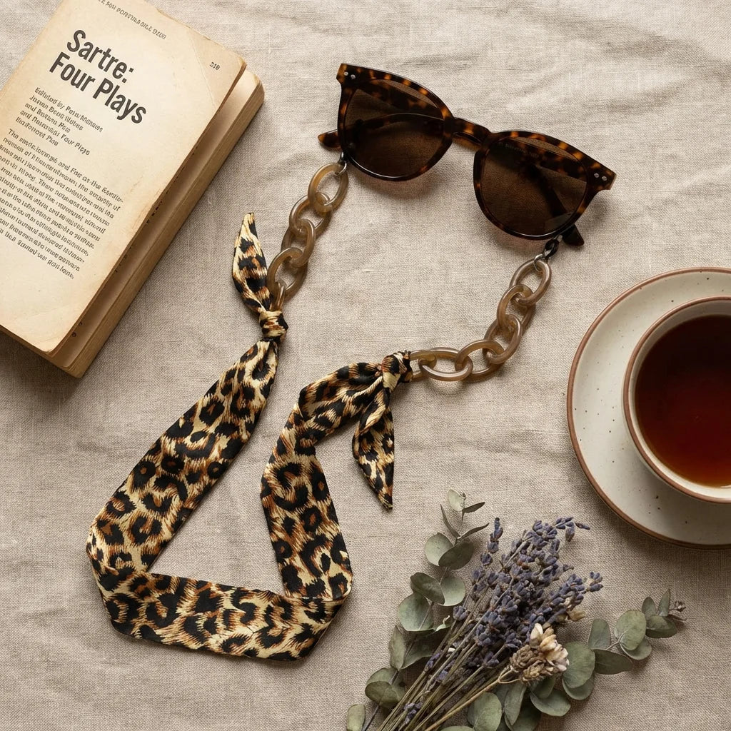 Strap pañuelo para lentes carey flat lay libros y té Bonoboss #color_carey
