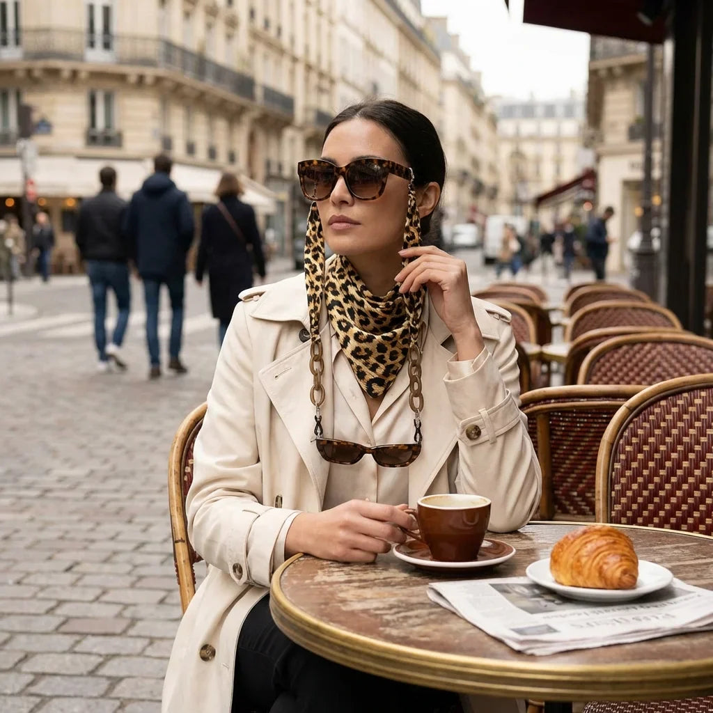 Strap pañuelo para lentes carey en café parisino elegante Bonoboss #color_carey