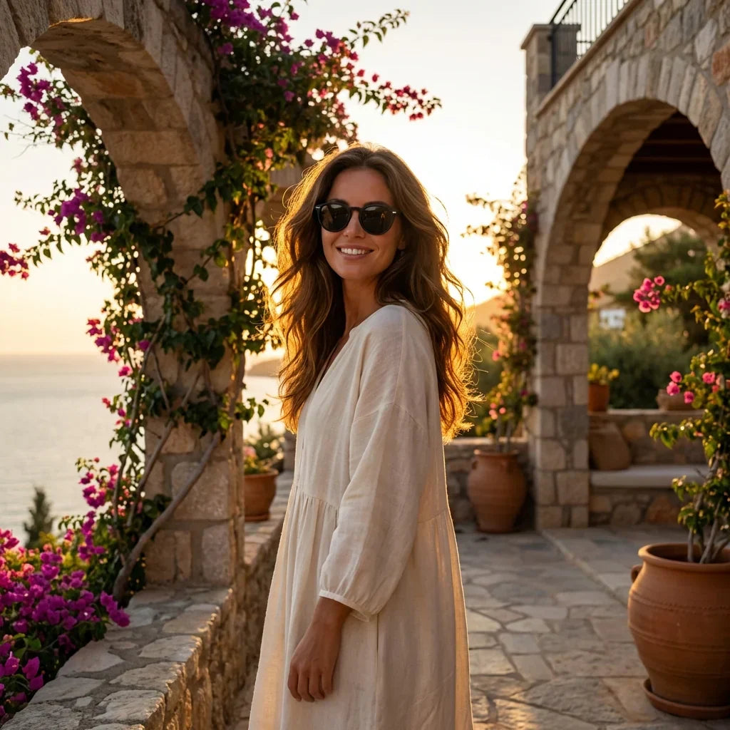 Mujer usando lentes sol Temuco RPET reciclado del oceano polarizados dark golden hour sofisticada Bonoboss #editorial_banner #color_dark