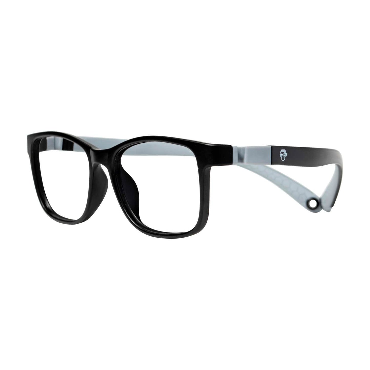 anteojos o marcos opticos de niño y niña de forma rectangular vista lateral o angulada de unos anteojos de color negro con el interior de las varillas de color gris. armazones opticos de goma indestructibles para niños  #color_gris