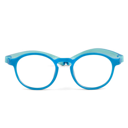 Anteojos de niña y niño de color rosado de forma redonda con cristales opticos con receta indestructibles como los miraflex de color azul vista frontal #color_azul