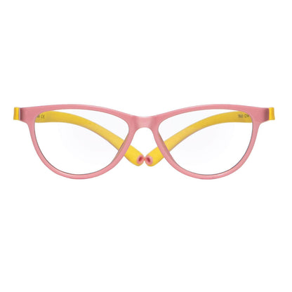 Anteojos o armazones ópticas para niño y niña de forma agatada y color rosado con amarillo vista frontal #color_rosado
