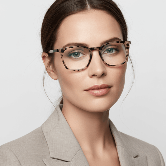 la vista frontal de una modelo mujer de ojos verdes usando unos armazones marcos opticos Bonoboss con receta en acetato sustentable reciclado de #color_marble
